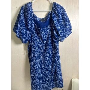 Harper 241 Shift Dress Womens 16 Blue White Excellent Floral Puff Sleeve WD014R